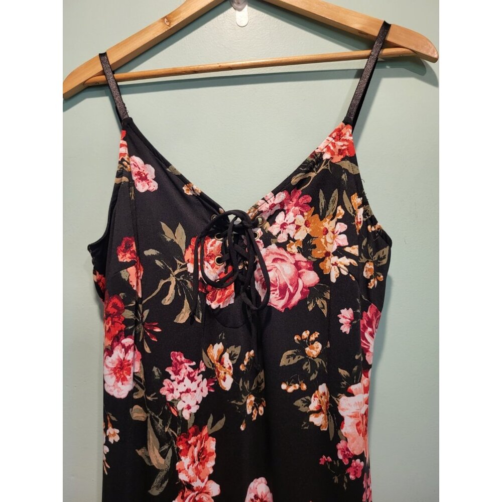 Black Pink Floral Front Slit Stretchy Sleeveless Maxi Dress Venus Sz L - Picture 2 of 8